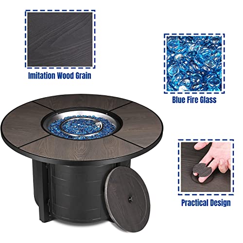 Outdoor Propane Firepit Table, 42Inch, 50,000 BTU Auto-Ignition Rounded Fireplace with Waterproof Table Cover, Lid and Blue Stone, CSA Certification, for Patio and Garden