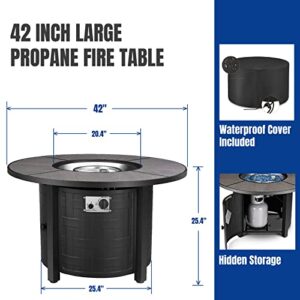 Outdoor Propane Firepit Table, 42Inch, 50,000 BTU Auto-Ignition Rounded Fireplace with Waterproof Table Cover, Lid and Blue Stone, CSA Certification, for Patio and Garden