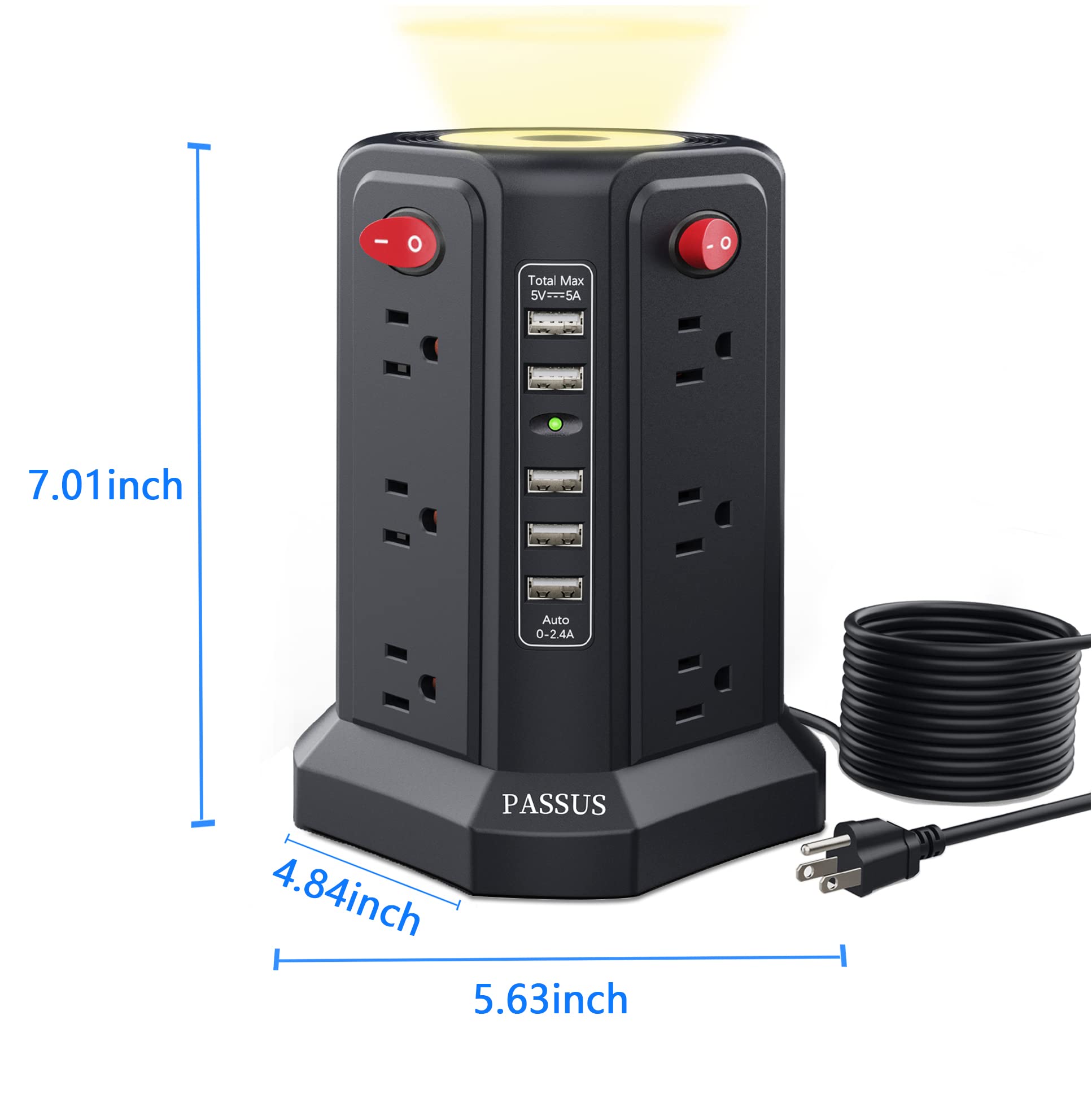 Surge Protector Power Strip Tower with 5 USB Ports and Night Light, 10FT Extension Cord with 12 AC Multiple Outlets, PASSUS Power Tower, Overload Protection for Home Office Dorm Room (Black)