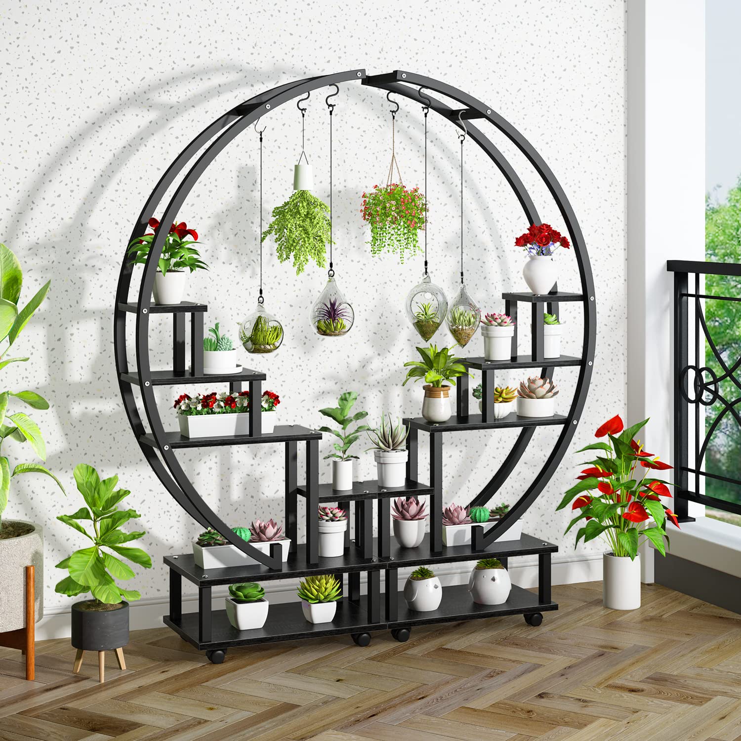 2 Pcs 6 Tier Tall Metal Indoor Plant Stand with Detachable Wheels, Half-Moon-Shaped Plant Shelf Holder for Outdoor Clearance, Multi-Purpose Plant Stands for Home Decor, Balcony, Patio, Garden