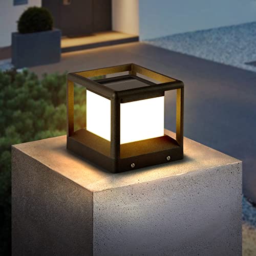 MVBT Solar Post Cap Light, Modern Outdoor Fence Deck Column Cap Lamp Lantern 3000K Landscape Lighting for Flat Surface Patio Posts Garden Decoration IP65 Waterproof（‎7.1"x7.1"x6.5"）