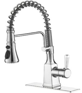 bwe kitchen faucet with pull down sprayer, brushed nickel, high arc single handle, one hole, spring, commercial rv 3 functions, brass gooseneck with deck plate, fregaderos de cocina