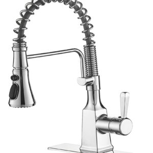 BWE Kitchen Faucet with Pull Down Sprayer, Brushed Nickel, High Arc Single Handle, One Hole, Spring, Commercial RV 3 Functions, Brass Gooseneck with Deck Plate, Fregaderos de Cocina