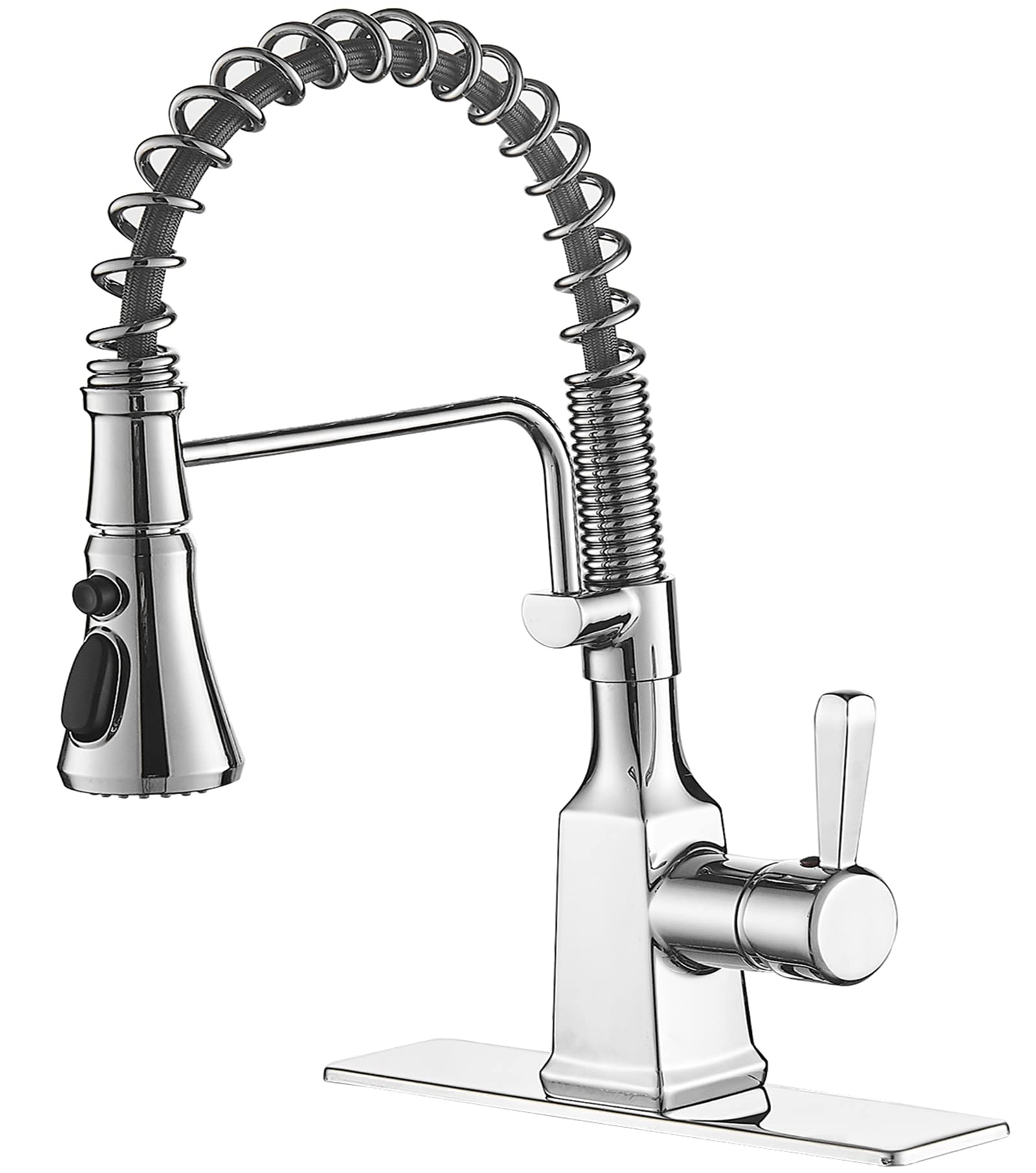 BWE Kitchen Faucet with Pull Down Sprayer, Brushed Nickel, High Arc Single Handle, One Hole, Spring, Commercial RV 3 Functions, Brass Gooseneck with Deck Plate, Fregaderos de Cocina