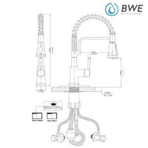 BWE Kitchen Faucet with Pull Down Sprayer, Brushed Nickel, High Arc Single Handle, One Hole, Spring, Commercial RV 3 Functions, Brass Gooseneck with Deck Plate, Fregaderos de Cocina