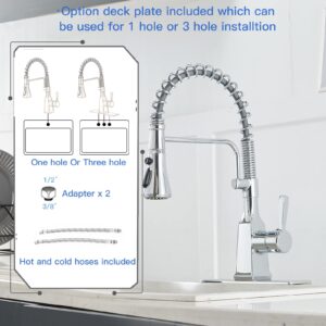 BWE Kitchen Faucet with Pull Down Sprayer, Brushed Nickel, High Arc Single Handle, One Hole, Spring, Commercial RV 3 Functions, Brass Gooseneck with Deck Plate, Fregaderos de Cocina