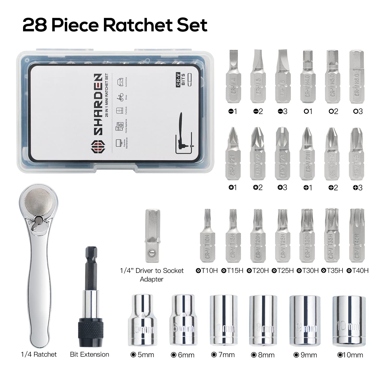 SHARDEN 1/4 Mini Ratchet Set 28pcs Right Angle Screwdriver and Bit with Metric Socket Set, 72 Tooth Small Ratcheting Wrench Offset Screwdriver Low Profile Stubby Ratchet for Tight Spaces