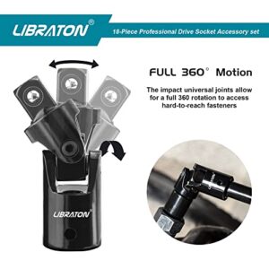 LIBRATON Socket Extension Set, Ratchet Extension Set, Extension Set 18PCs, Impact Extension Set, Socket Adapters, Swivel Sockets, Professional Drive Socket Accessories, 1/4 3/8 1/2