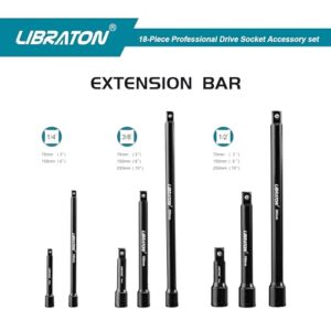 LIBRATON Socket Extension Set, Ratchet Extension Set, Extension Set 18PCs, Impact Extension Set, Socket Adapters, Swivel Sockets, Professional Drive Socket Accessories, 1/4 3/8 1/2