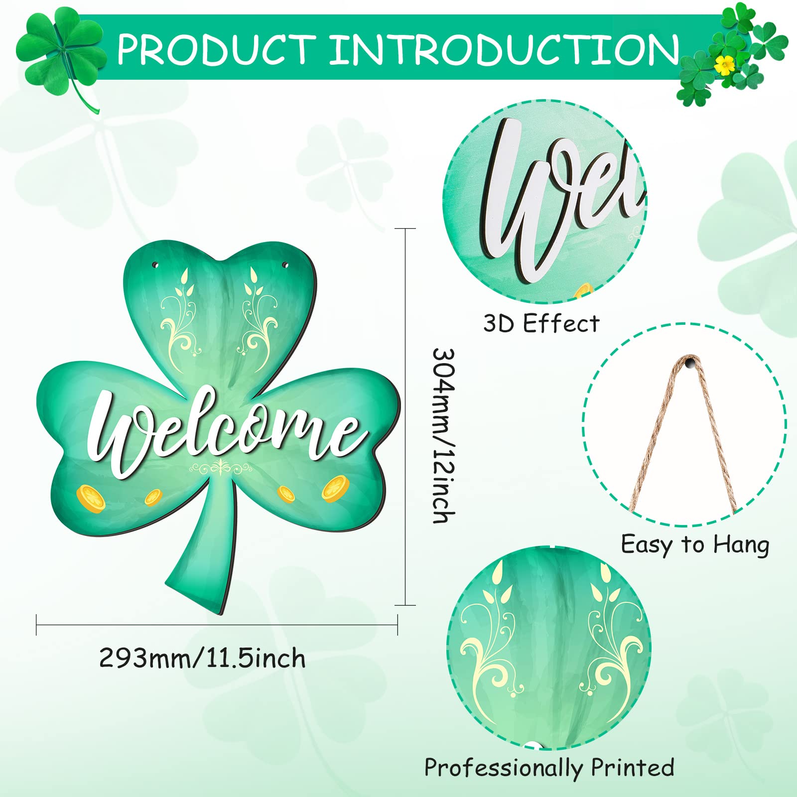 Jetec 12 x 11.5 Inch St. Patrick's Wall Pediments Wooden Irish Hanging Welcome Board Shamrock Plaques with Rope for St Patrick's Decor Window Home Wall Door Indoor Outdoor