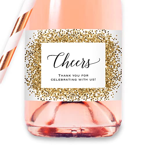 Cheers - 12 Gold Glitter(not real foil) Floral Mini Champagne Bottle Labels, WATERPROOF Polyester Mini Wine Bottle Labels, for Wedding, Bridal Shower, Baby Shower, Birthday Party all Events