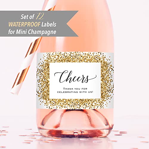 Cheers - 12 Gold Glitter(not real foil) Floral Mini Champagne Bottle Labels, WATERPROOF Polyester Mini Wine Bottle Labels, for Wedding, Bridal Shower, Baby Shower, Birthday Party all Events