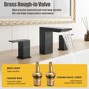 BESy Matte Black Bathroom Faucet 3 Holes Two Handles Lavatory Vanity Sink Faucet Widespread 8 Inch Bathroom Sink Faucet, Waterfall Bathroom Sink Faucet with Supply Hoses, Stainless Steel Faucet