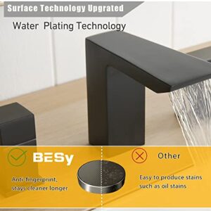 BESy Matte Black Bathroom Faucet 3 Holes Two Handles Lavatory Vanity Sink Faucet Widespread 8 Inch Bathroom Sink Faucet, Waterfall Bathroom Sink Faucet with Supply Hoses, Stainless Steel Faucet