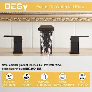 BESy Matte Black Bathroom Faucet 3 Holes Two Handles Lavatory Vanity Sink Faucet Widespread 8 Inch Bathroom Sink Faucet, Waterfall Bathroom Sink Faucet with Supply Hoses, Stainless Steel Faucet