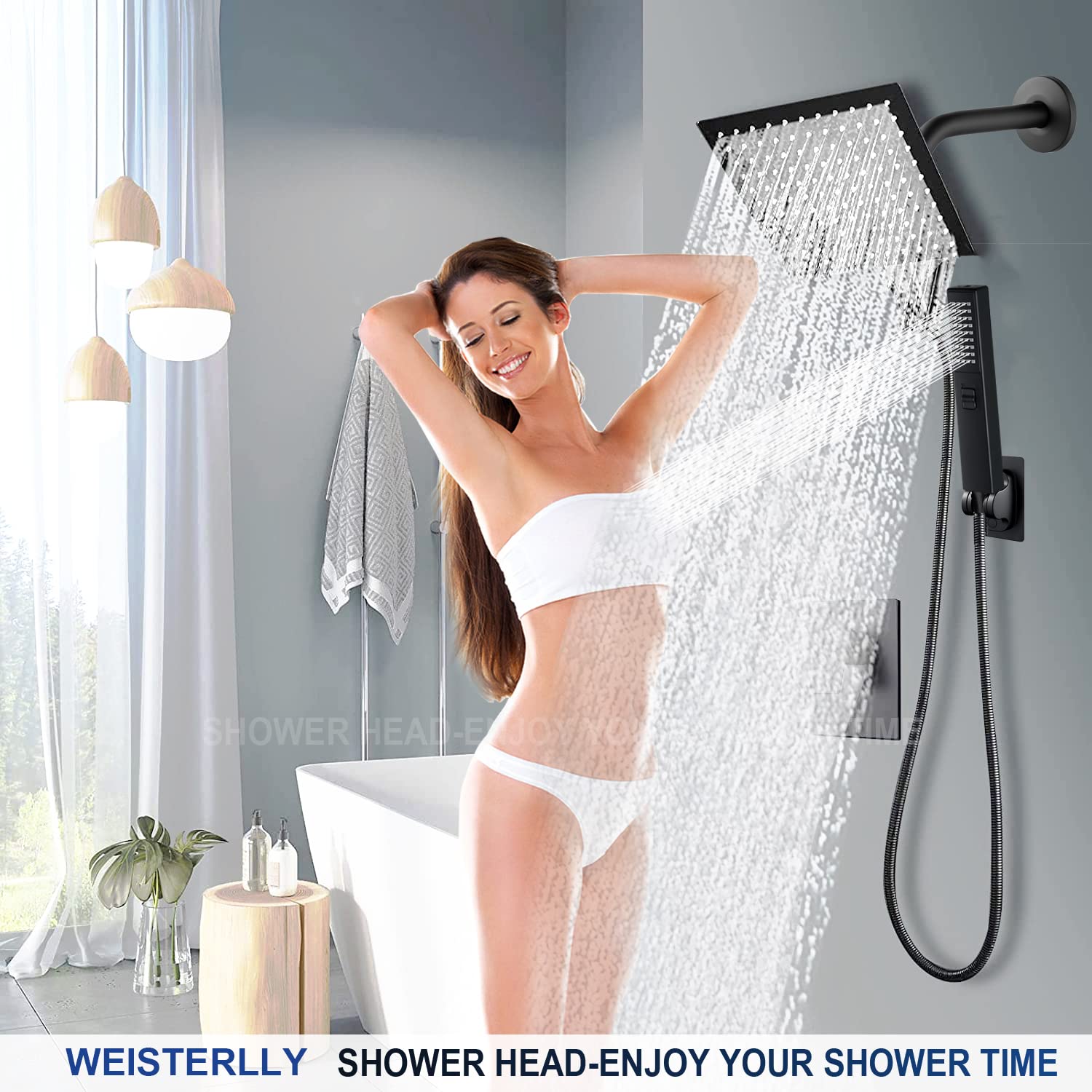 Shower Head, Rain Shower Head with Handheld,High Pressure 8'' Rainfall Stainless Steel Shower Head / 2 Settings Handheld Shower Combo with Shower Holder and 78'' Explosion-Proof Hose (Black)