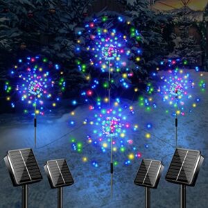 outdoor solar garden lights 4 pack, 420 led solar firework light waterproof 8 modes solar stake starburst lights solar flower lights garden for pathway patio yard lawn parties decorative(multicolor)