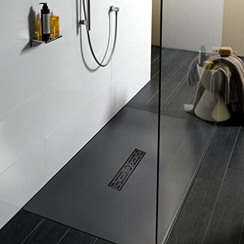 Fibetter Linear Shower Drain 12-Inch with Removable Brickwork Pattern Grate, 304 Stainless Steel Shower Floor Drain Matte Black Include Accessories