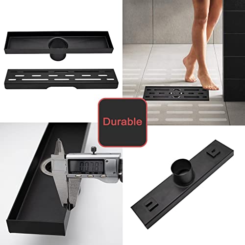 Fibetter Linear Shower Drain 12-Inch with Removable Brickwork Pattern Grate, 304 Stainless Steel Shower Floor Drain Matte Black Include Accessories