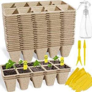 200cells seedling start trays with drain holes,20pcs peat pots seedling pots biodegradable,seedling starter kit,organic germination plant starter trays(200xlabels,2xtransplant tools,1xspray bottle)