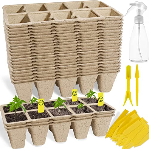 200Cells Seedling Start Trays with Drain Holes,20pcs Peat Pots Seedling Pots Biodegradable,Seedling Starter Kit,Organic Germination Plant Starter Trays(200xLabels,2xTransplant Tools,1xSpray Bottle)