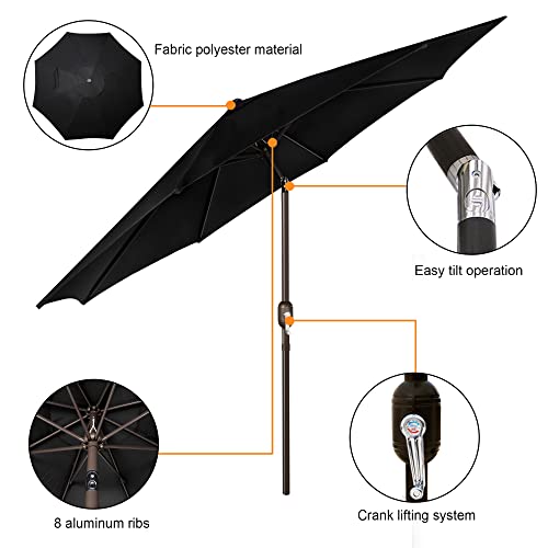 Blissun 9' Outdoor Patio Umbrella, Outdoor Table Umbrella, Yard Umbrella, Market Umbrella with 8 Sturdy Ribs, Push Button Tilt and Crank (Black)