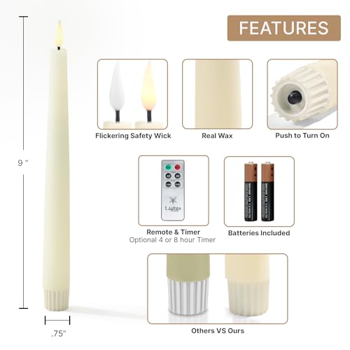 LampLust Flameless Candles with Remote Battery Operated Flickering Flameless Candles, 9in LED Candles, Ivory Real Wax, Wedding Decor, Valentine, Mantel and Farmhouse Home Decorations, Set of 4