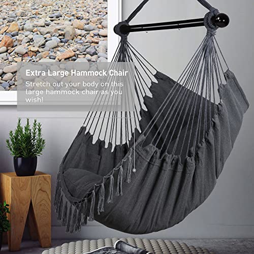 SUNCREAT Hammock Chairs Hammock Chair Swing with Steel Support Bar, Side Pocket, Large Swing Chair for Bedroom, Patio, Garden, Dark Gray