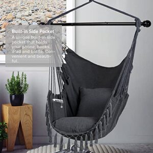 SUNCREAT Hammock Chairs Hammock Chair Swing with Steel Support Bar, Side Pocket, Large Swing Chair for Bedroom, Patio, Garden, Dark Gray