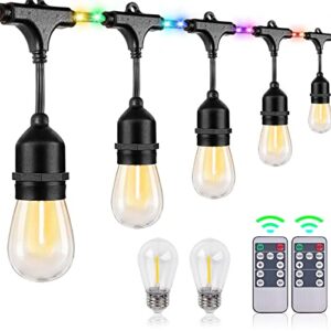 LED Outdoor String Lights, 48FT Patio Lights with Remote & 15 Dimmable Edison Shatterproof Bulbs, RGB Fairy Rope Hanging Light for Outside, Café, Deck, Porch, Garden, Bistro, Christmas Party (Plug)