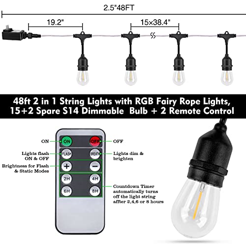 LED Outdoor String Lights, 48FT Patio Lights with Remote & 15 Dimmable Edison Shatterproof Bulbs, RGB Fairy Rope Hanging Light for Outside, Café, Deck, Porch, Garden, Bistro, Christmas Party (Plug)