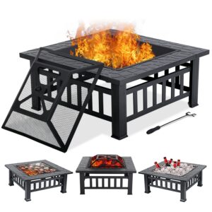 hcy 32" fire pit table for outside,outdoor fire pit square wood burning with spark screen fire poker for camping,backyard,patio(black)