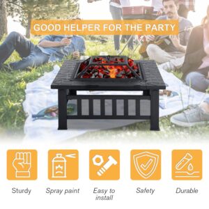 HCY 32" Fire Pit Table for Outside,Outdoor Fire Pit Square Wood Burning with Spark Screen Fire Poker for Camping,Backyard,Patio(Black)