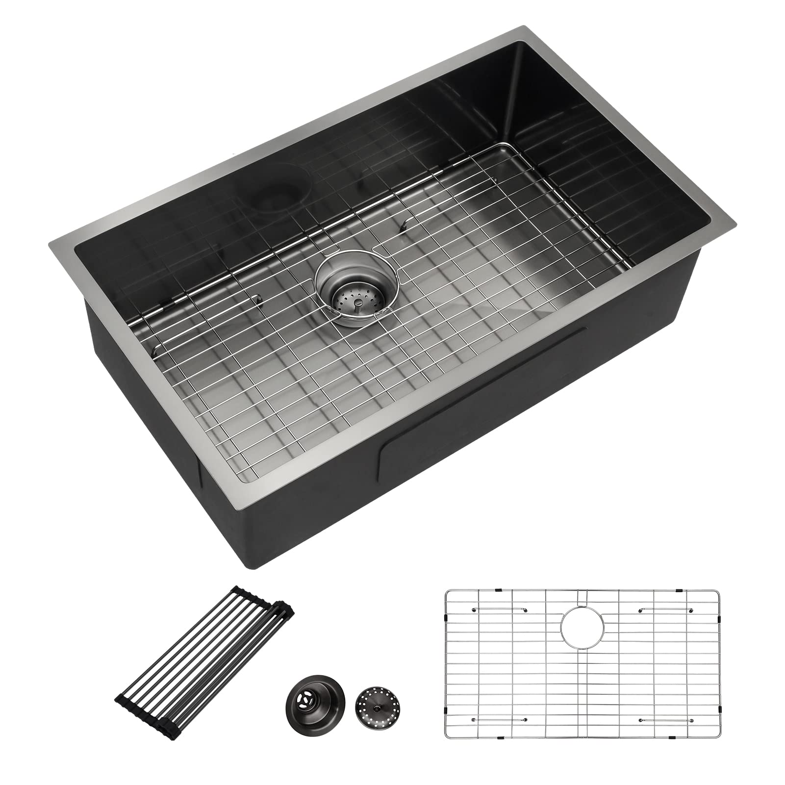 Dcolora 32 Inch Matte Black Undermount Kitchen Sink Gunmetal Stainless Steel 16 Gauge Single Bowl Under Counter Basin, 32"x19"x10", DC-U7726