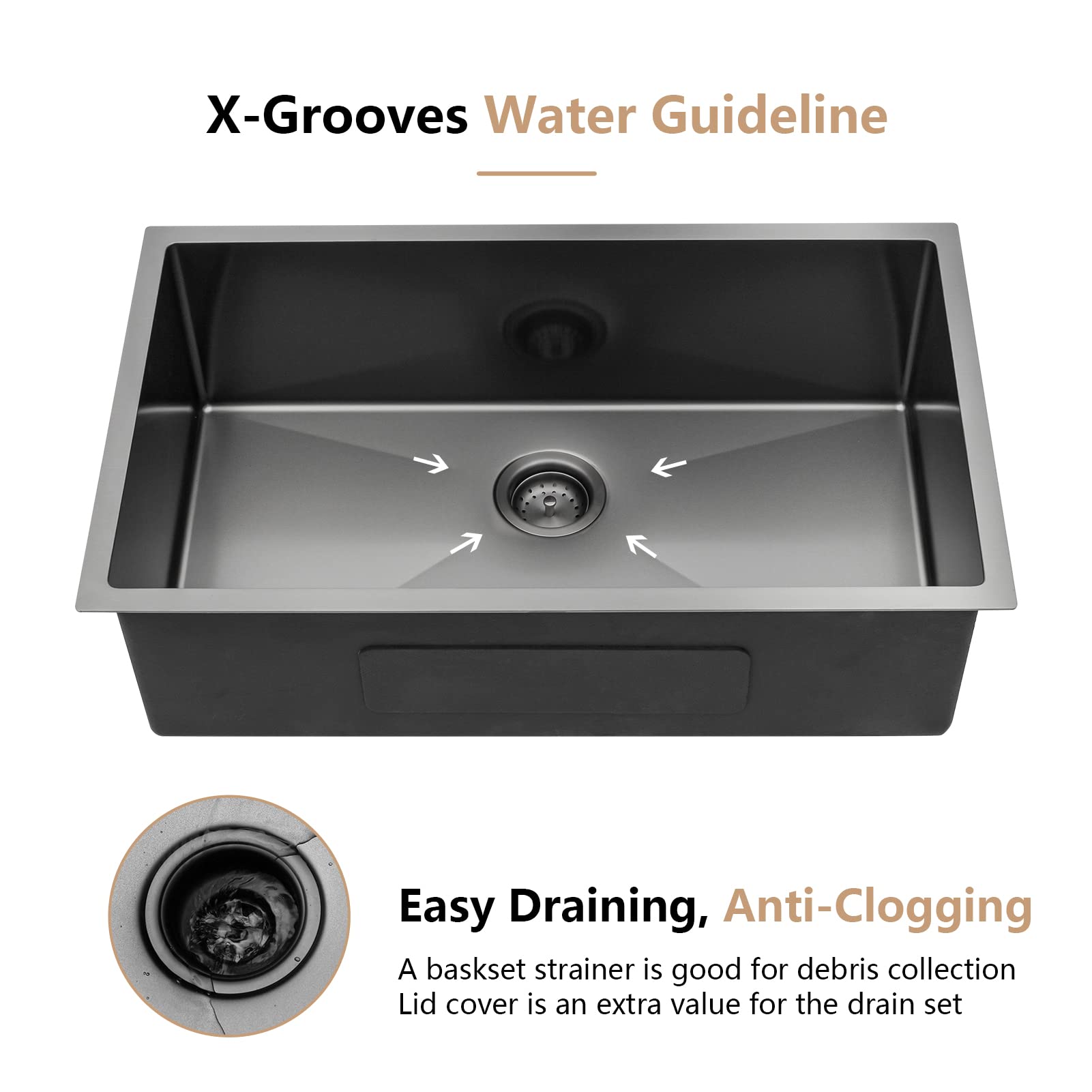 Dcolora 32 Inch Matte Black Undermount Kitchen Sink Gunmetal Stainless Steel 16 Gauge Single Bowl Under Counter Basin, 32"x19"x10", DC-U7726