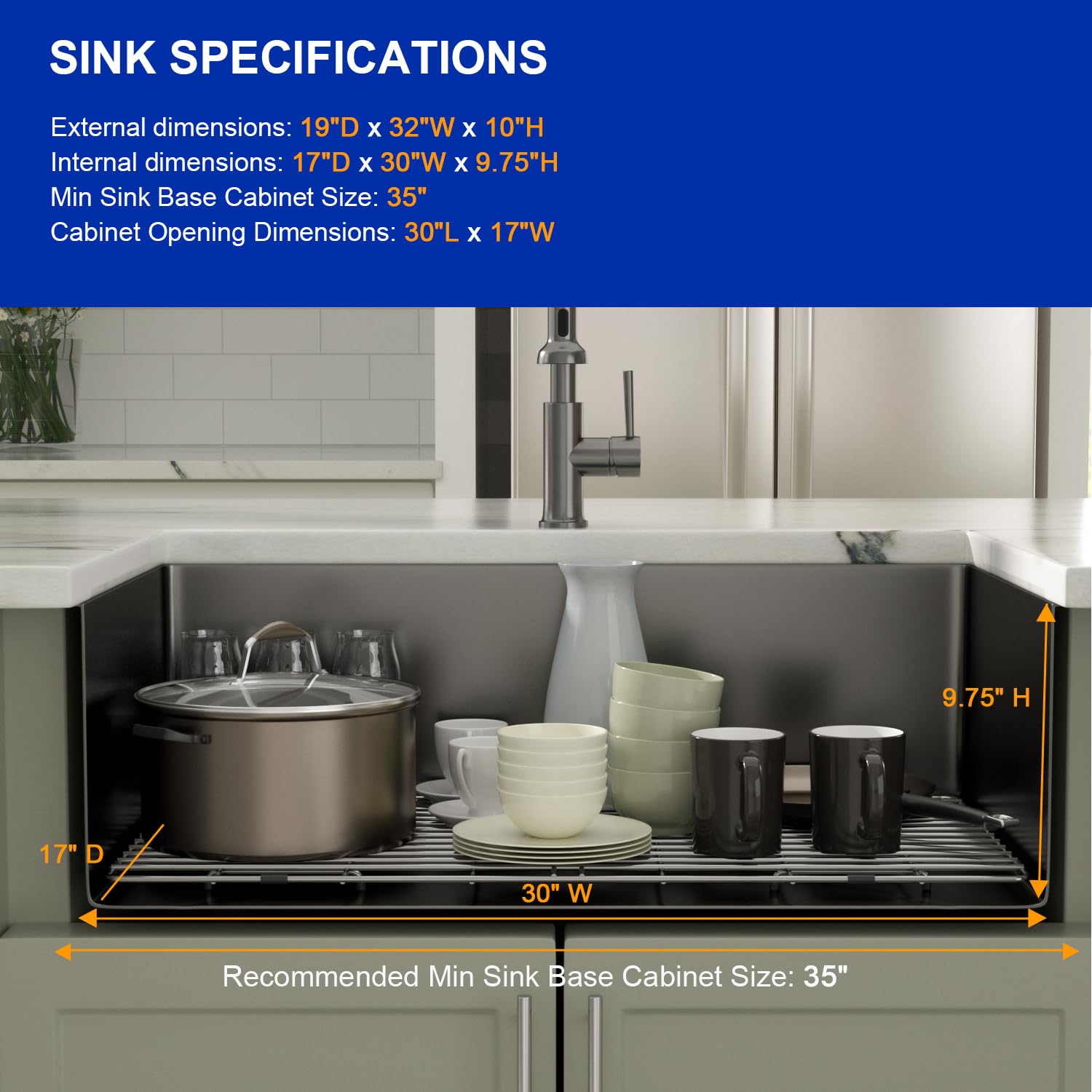 Dcolora 32 Inch Matte Black Undermount Kitchen Sink Gunmetal Stainless Steel 16 Gauge Single Bowl Under Counter Basin, 32"x19"x10", DC-U7726