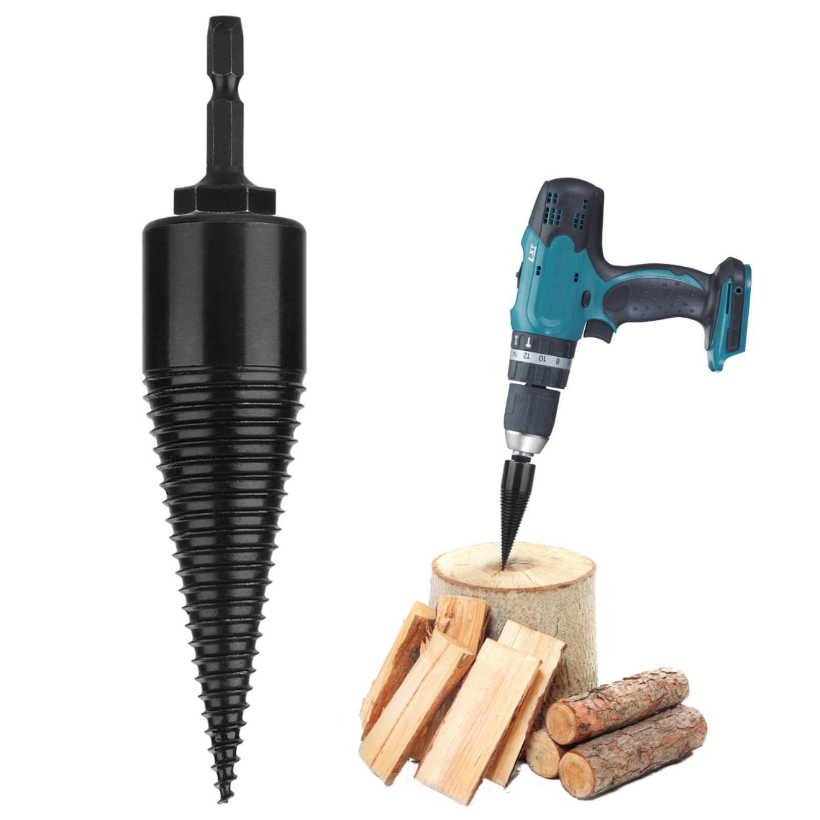 IUIBMI Wood Splitting Drill Bit Duty Removable Firewood Log Splitter Drill Bit, Black Steel Hex Shank Screw Cone Driver for Farm Hand Drill Stick 32/38/42/45/50mm(32mm)