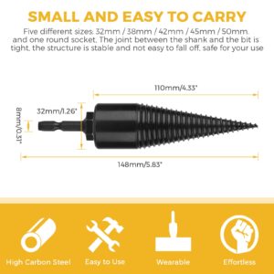 IUIBMI Wood Splitting Drill Bit Duty Removable Firewood Log Splitter Drill Bit, Black Steel Hex Shank Screw Cone Driver for Farm Hand Drill Stick 32/38/42/45/50mm(32mm)