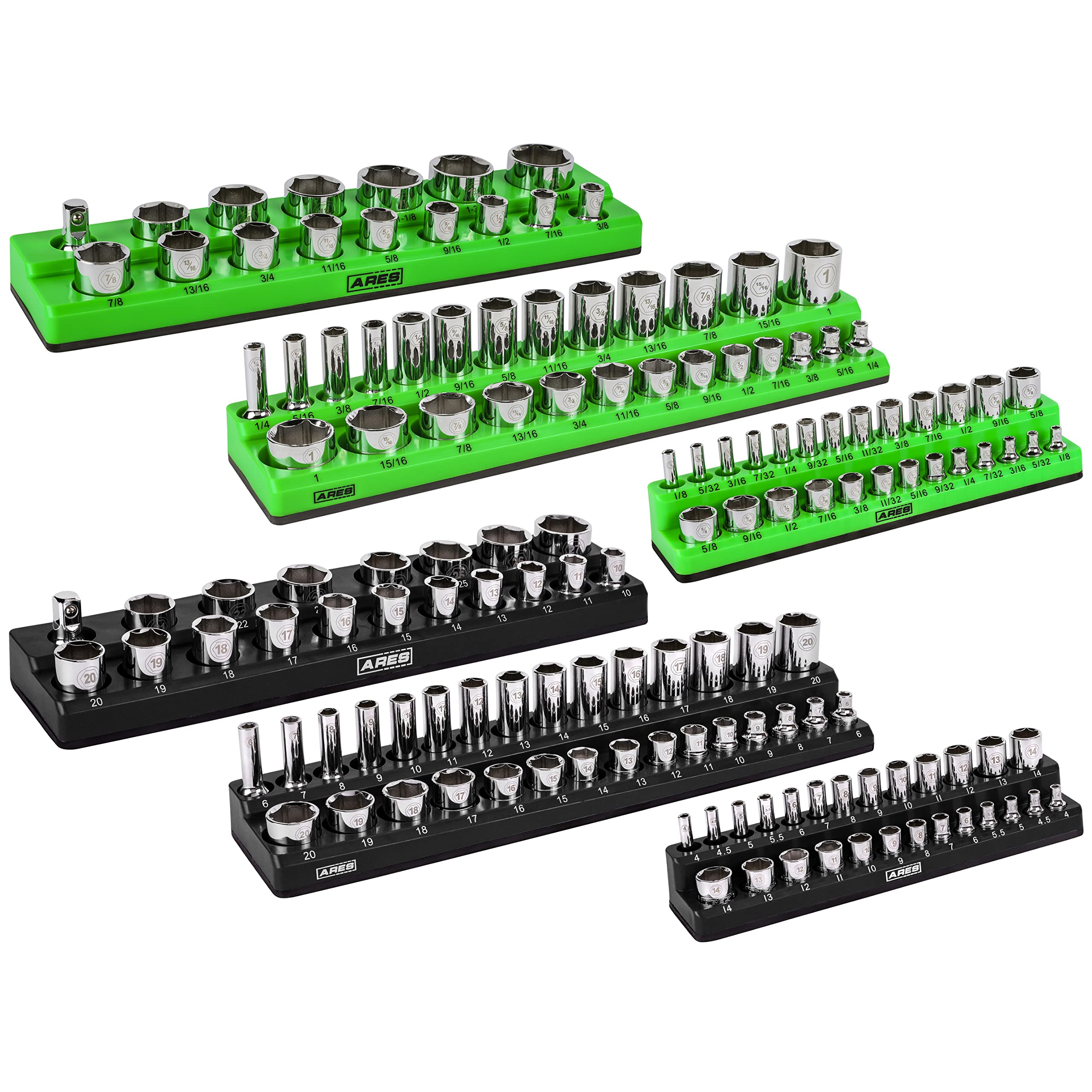 ARES 60160-6-Piece Magnetic Socket Organizers - Metric and SAE Set Black and Green -1/4 in, 3/8 in, 1/2 in Socket Holders -143 Pieces of Standard (Shallow) and Deep Sockets -Organize Your Tool Box