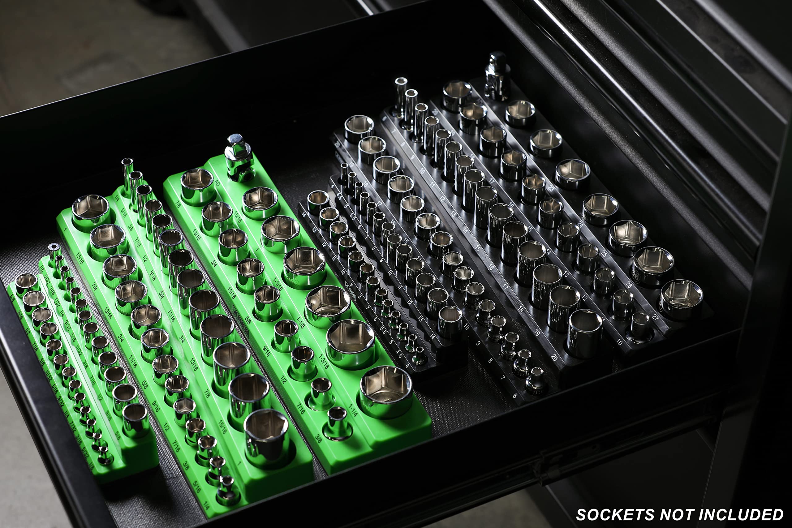 ARES 60160-6-Piece Magnetic Socket Organizers - Metric and SAE Set Black and Green -1/4 in, 3/8 in, 1/2 in Socket Holders -143 Pieces of Standard (Shallow) and Deep Sockets -Organize Your Tool Box