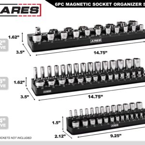 ARES 60160-6-Piece Magnetic Socket Organizers - Metric and SAE Set Black and Green -1/4 in, 3/8 in, 1/2 in Socket Holders -143 Pieces of Standard (Shallow) and Deep Sockets -Organize Your Tool Box