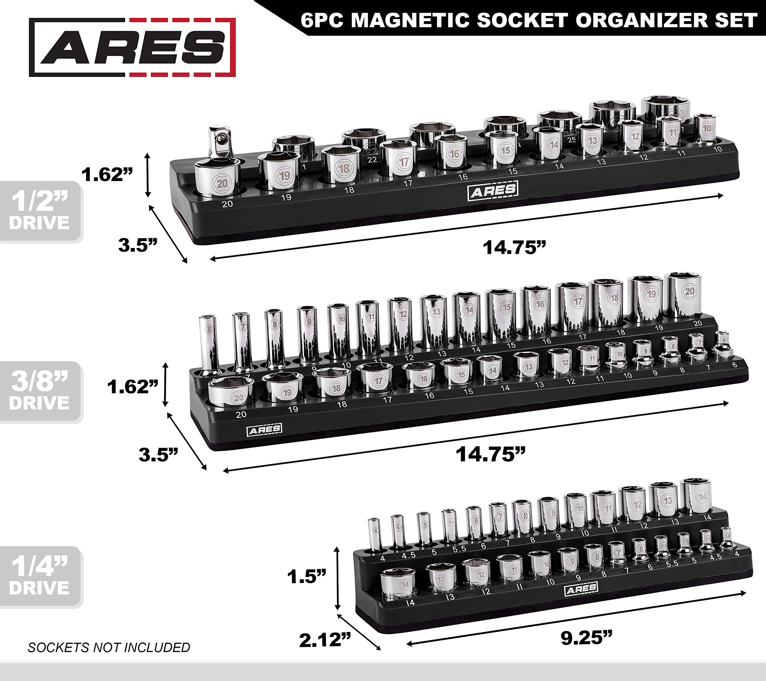 ARES 60160-6-Piece Magnetic Socket Organizers - Metric and SAE Set Black and Green -1/4 in, 3/8 in, 1/2 in Socket Holders -143 Pieces of Standard (Shallow) and Deep Sockets -Organize Your Tool Box