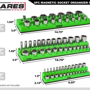 ARES 60160-6-Piece Magnetic Socket Organizers - Metric and SAE Set Black and Green -1/4 in, 3/8 in, 1/2 in Socket Holders -143 Pieces of Standard (Shallow) and Deep Sockets -Organize Your Tool Box