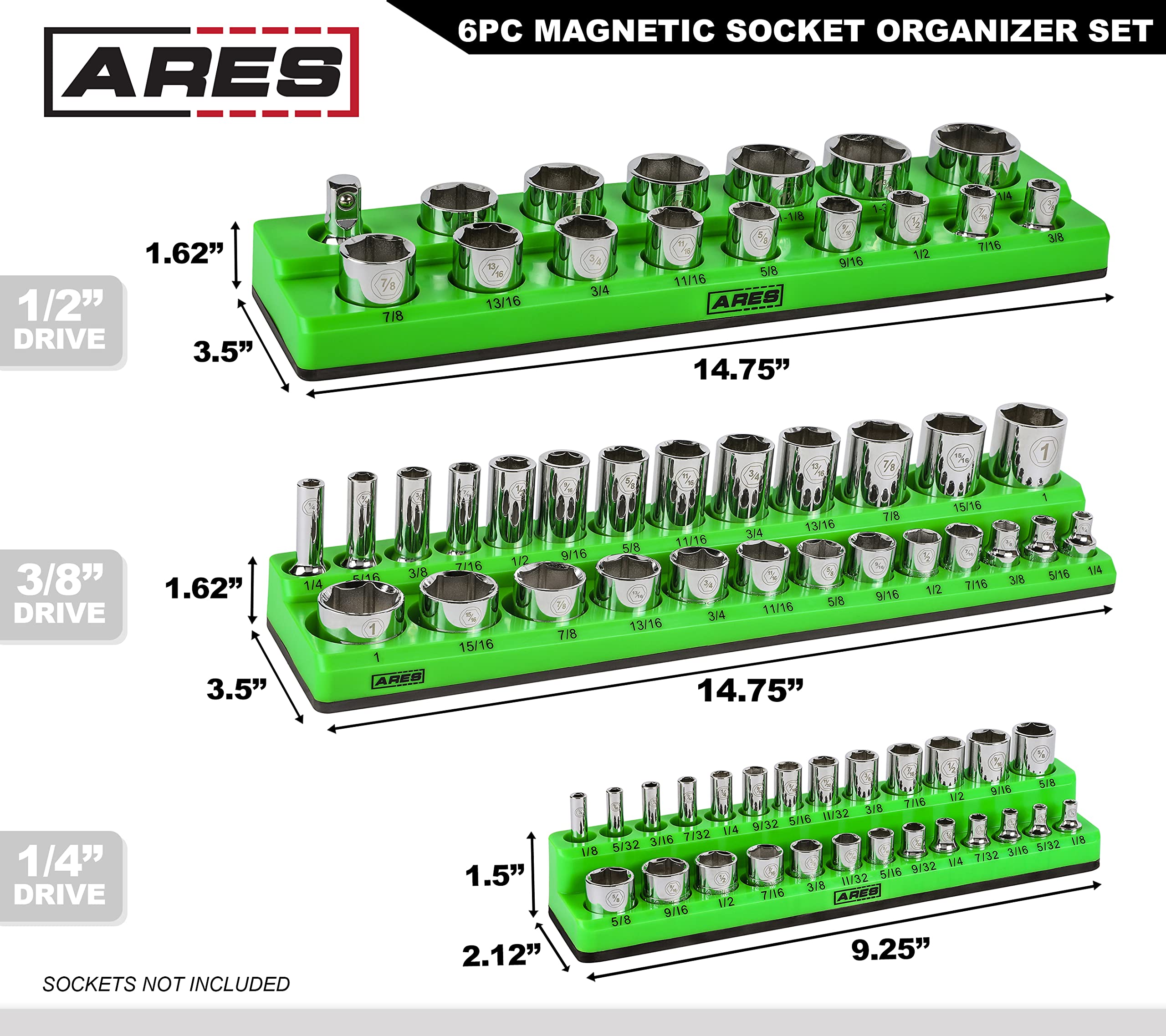 ARES 60160-6-Piece Magnetic Socket Organizers - Metric and SAE Set Black and Green -1/4 in, 3/8 in, 1/2 in Socket Holders -143 Pieces of Standard (Shallow) and Deep Sockets -Organize Your Tool Box