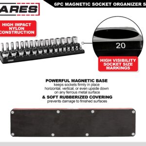 ARES 60160-6-Piece Magnetic Socket Organizers - Metric and SAE Set Black and Green -1/4 in, 3/8 in, 1/2 in Socket Holders -143 Pieces of Standard (Shallow) and Deep Sockets -Organize Your Tool Box