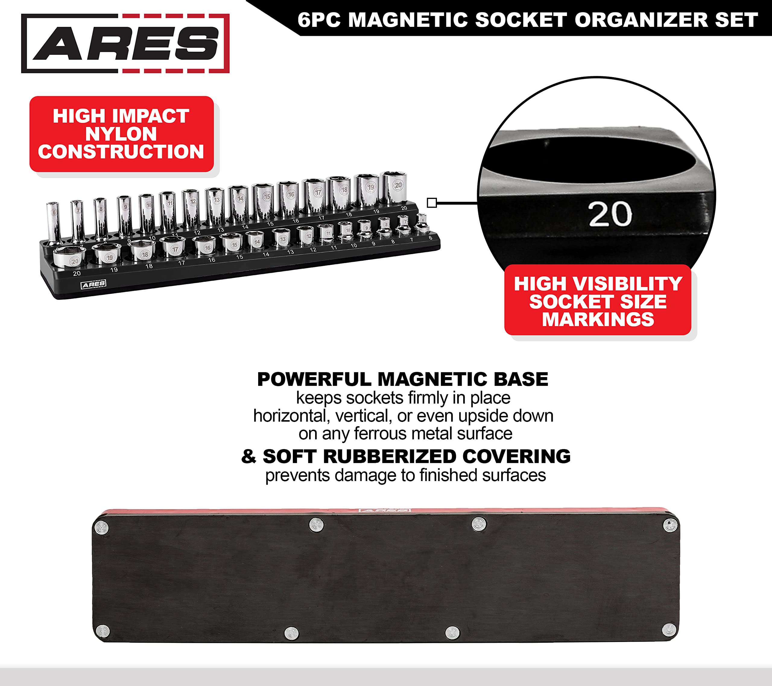 ARES 60160-6-Piece Magnetic Socket Organizers - Metric and SAE Set Black and Green -1/4 in, 3/8 in, 1/2 in Socket Holders -143 Pieces of Standard (Shallow) and Deep Sockets -Organize Your Tool Box