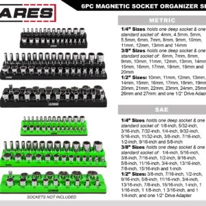 ARES 60160-6-Piece Magnetic Socket Organizers - Metric and SAE Set Black and Green -1/4 in, 3/8 in, 1/2 in Socket Holders -143 Pieces of Standard (Shallow) and Deep Sockets -Organize Your Tool Box