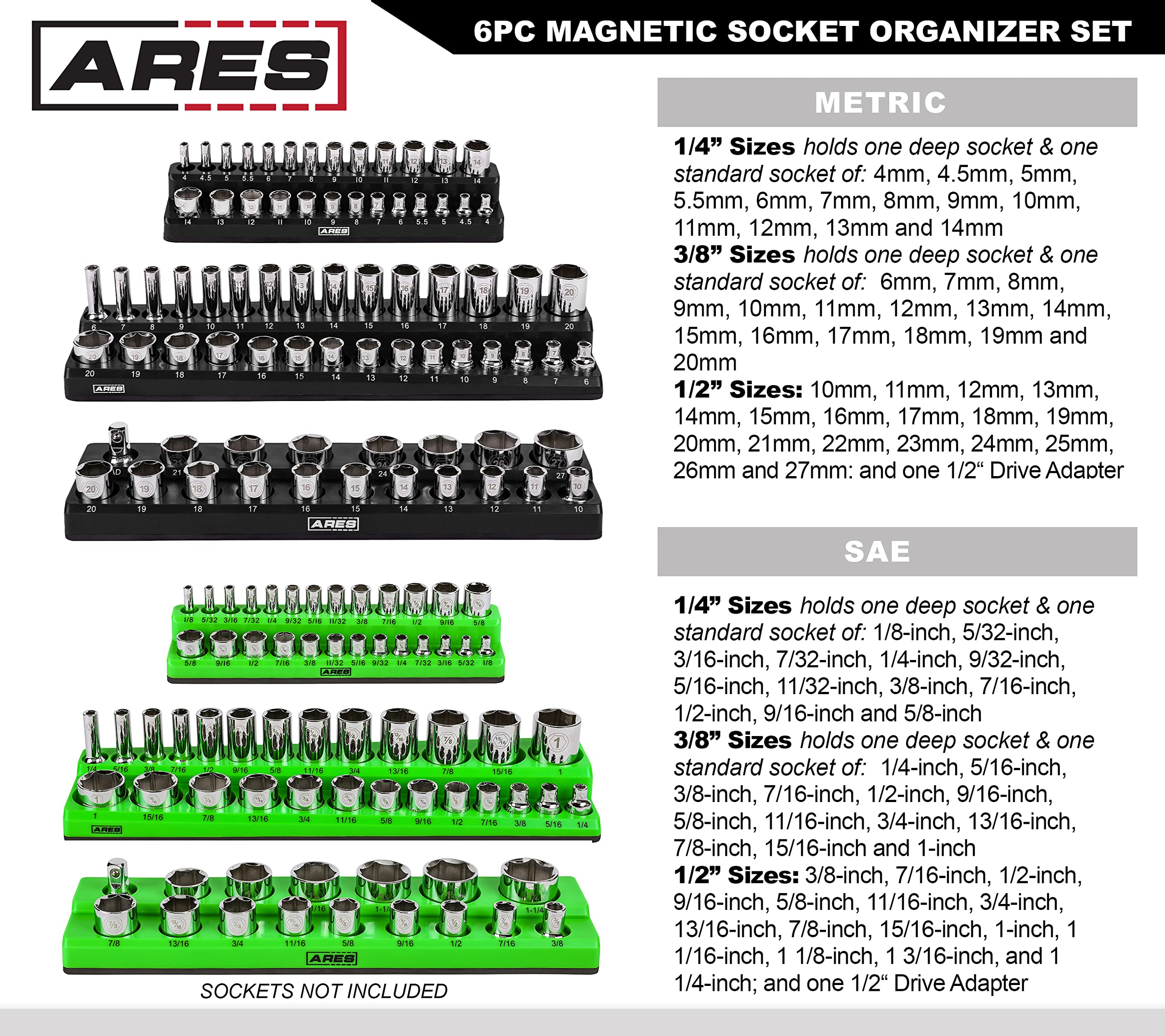 ARES 60160-6-Piece Magnetic Socket Organizers - Metric and SAE Set Black and Green -1/4 in, 3/8 in, 1/2 in Socket Holders -143 Pieces of Standard (Shallow) and Deep Sockets -Organize Your Tool Box