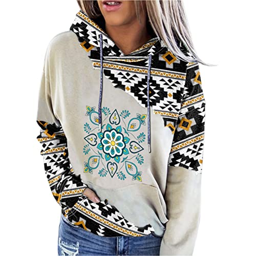 Baralonly Womens Casual Ethnic Style Hooded Sweatshirt Geometric Horse Print Long Sleeve Drawstring Pullover Tops