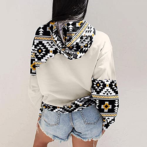 Baralonly Womens Casual Ethnic Style Hooded Sweatshirt Geometric Horse Print Long Sleeve Drawstring Pullover Tops